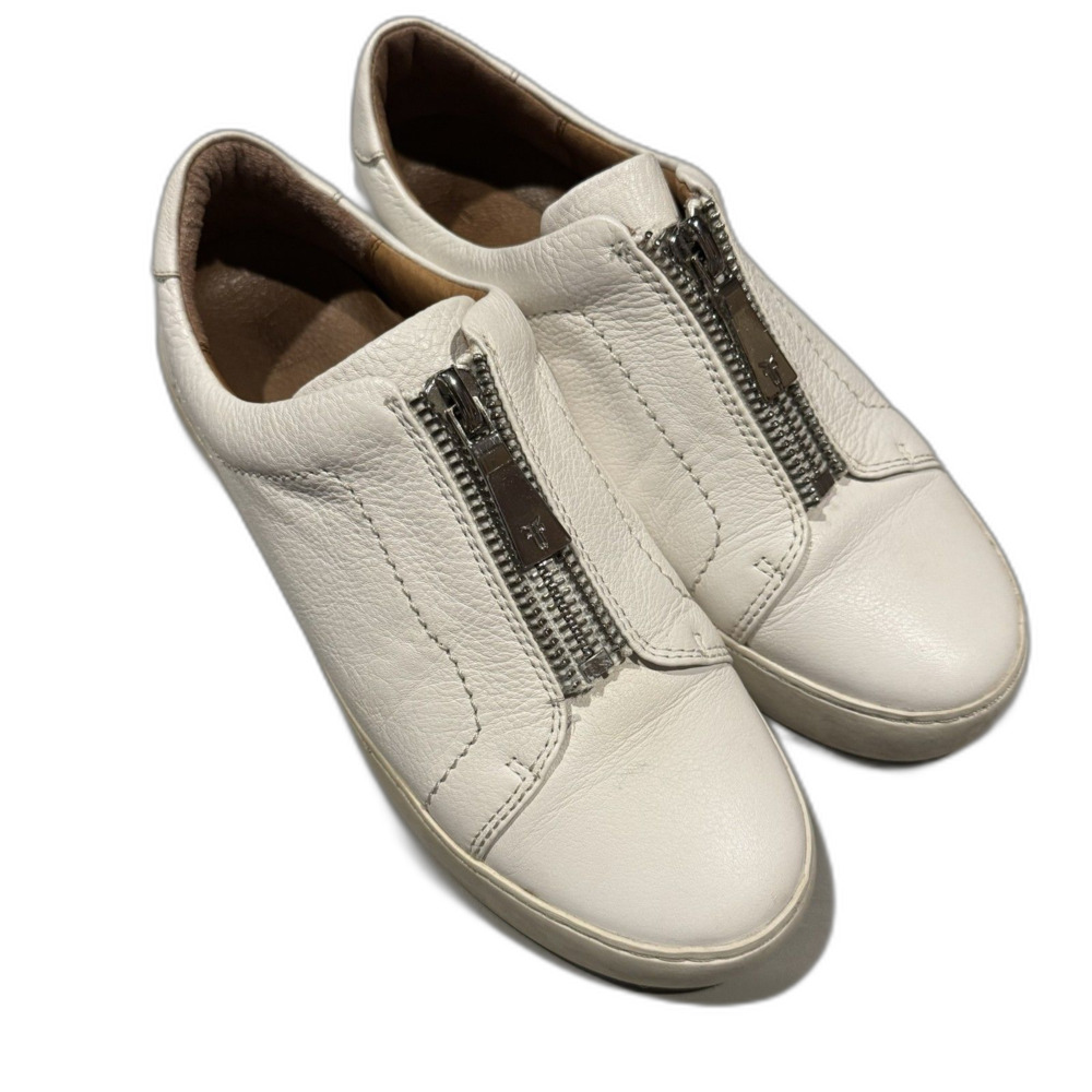 Frye Lena Zipper Low Leather Sneakers White Slip On Casual Women sz 9 Zip Front